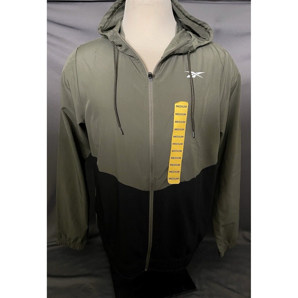 NEW! Reebok Mens Medium Green & Black Jacket Full Zip Hooded Training Woven